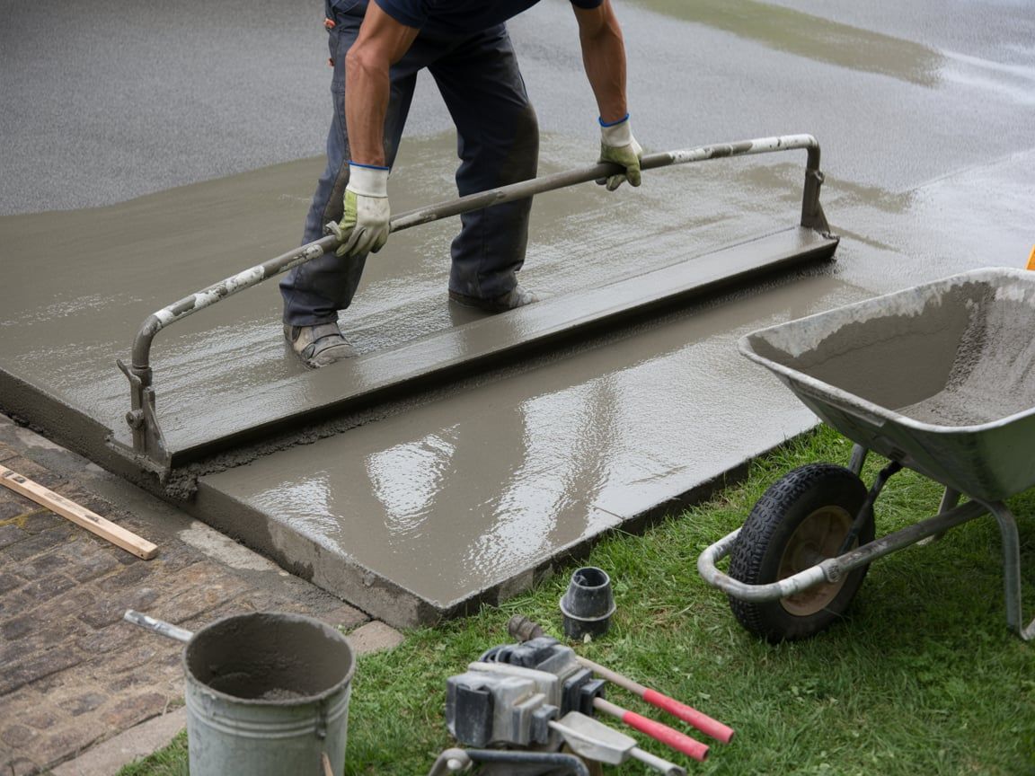 A person levels wet concrete with a screed tool, next to a wheelbarrow and a sidewalk.