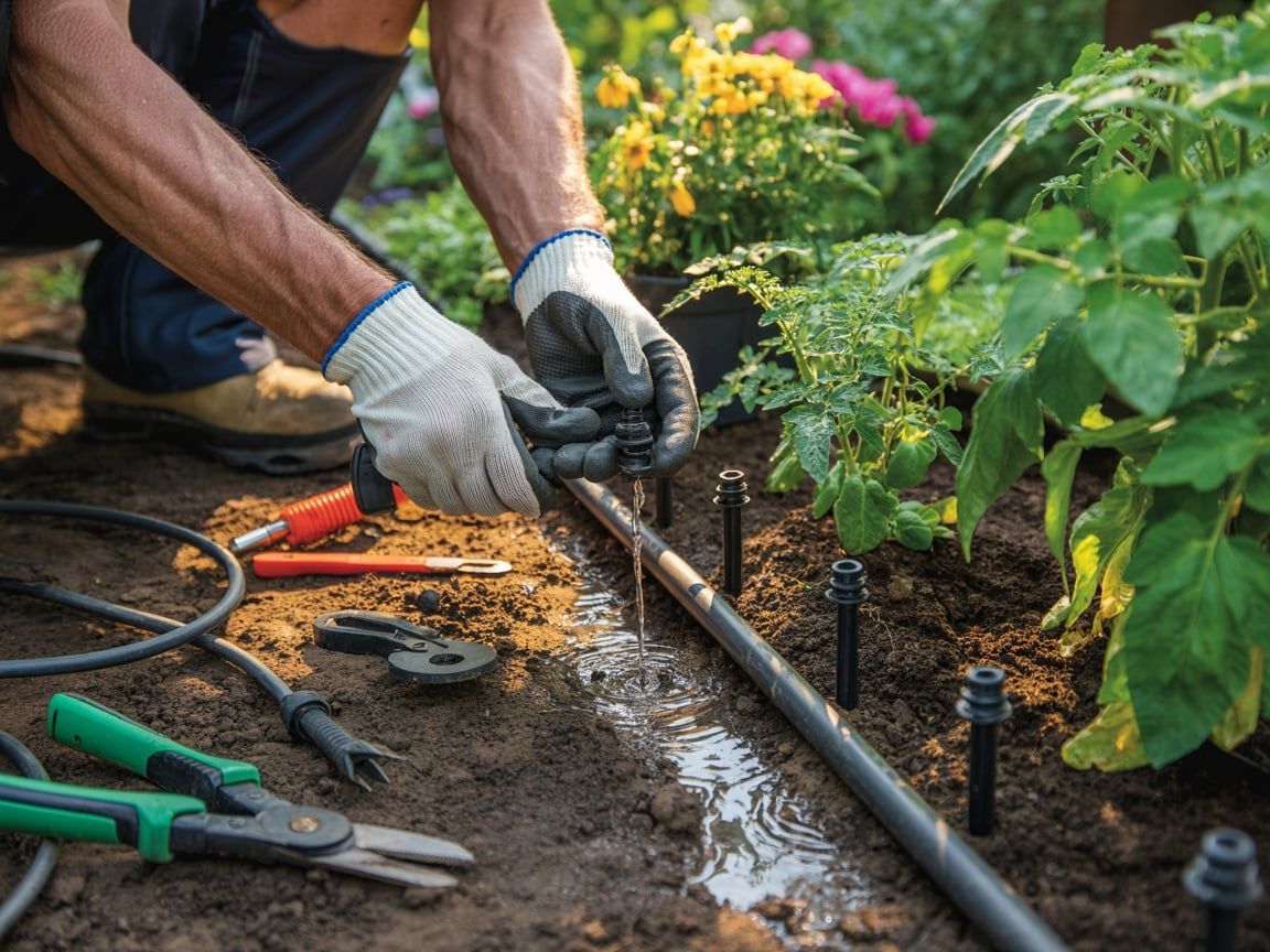 Person installing a drip irrigation system in a garden, using tools, wearing gloves.