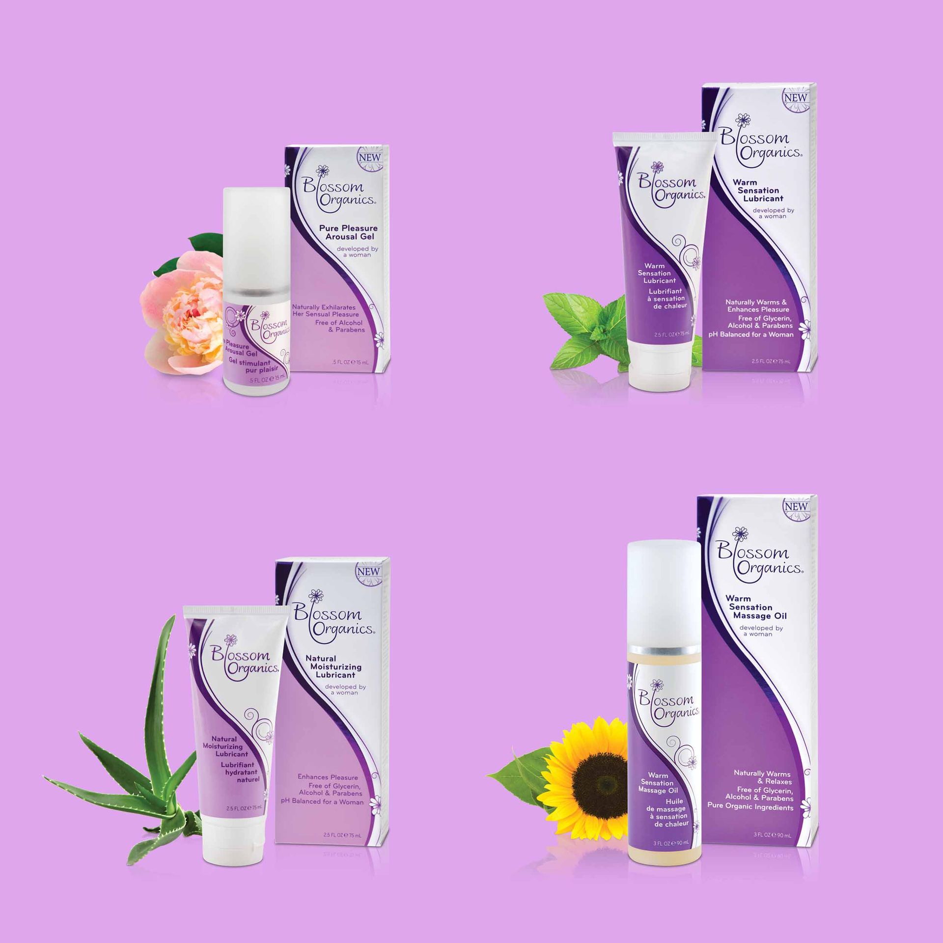 Blossom Organics packaging with supporting ingredient photos