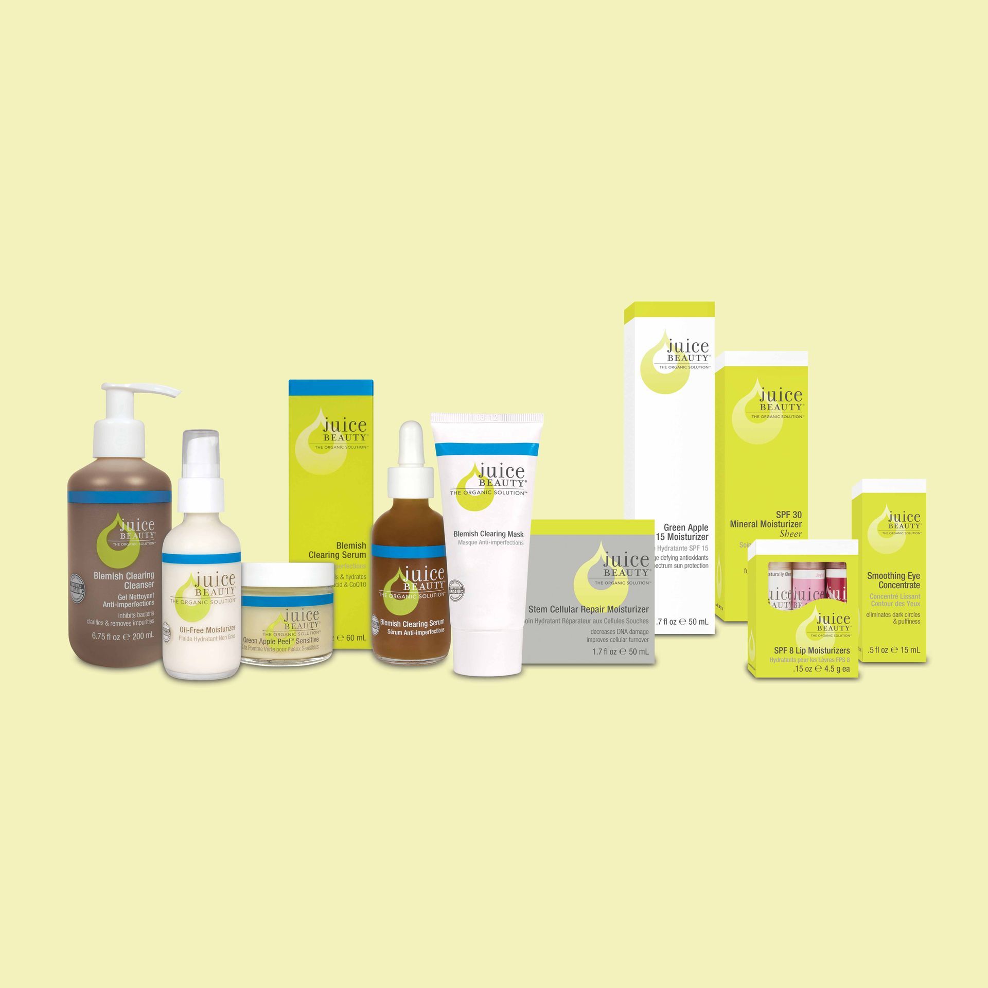 Juice Beauty packaging line up of cartons, bottles and tubes