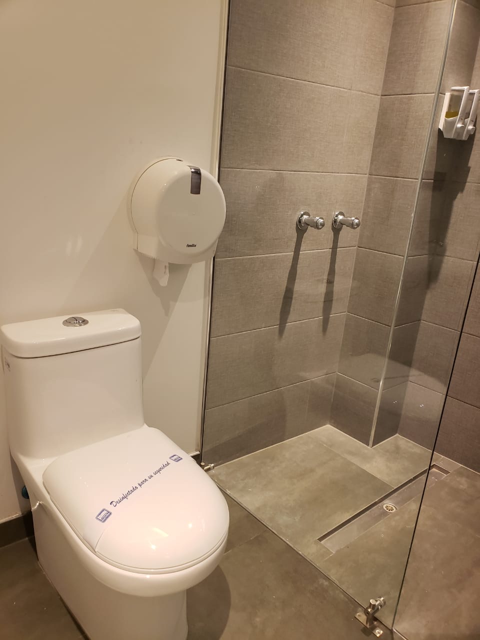 Un baño con un inodoro y una ducha a ras de suelo
