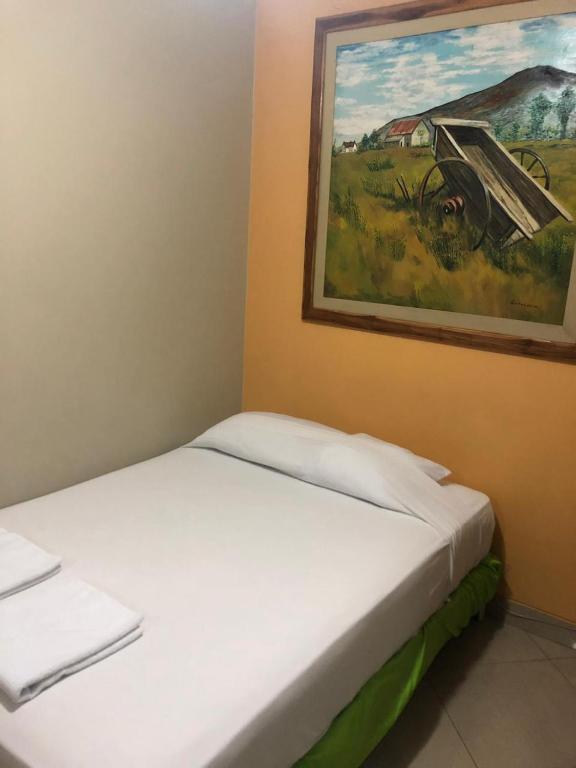 Un dormitorio con una cama y una pintura en la pared