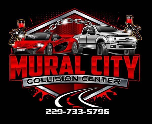 Mural City Collision Center logo: red sports car and white truck, with paint guns, on black background, phone number below.