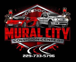 Mural City Collision Center logo: red sports car and white truck, with paint guns, on black background, phone number below.