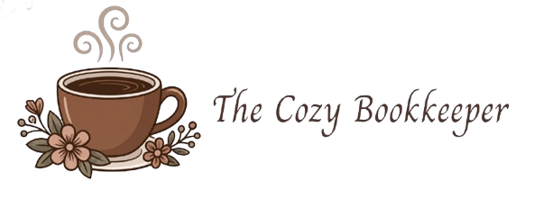 Logo with a brown coffee cup, flowers, and the text “The Cozy Bookkeeper”