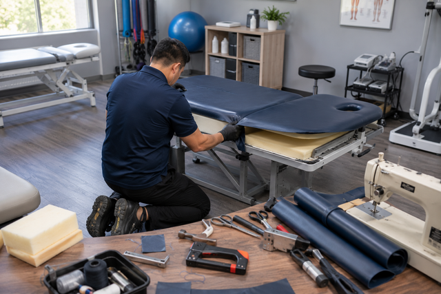 Person kneeling to repair a massage table in a clinic, with tools and upholstery materials nearby