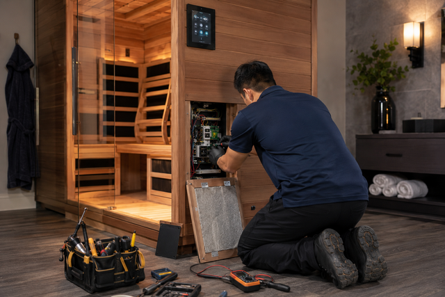 Person kneels beside a glowing wooden sauna, using tools in a modern bathroom.
