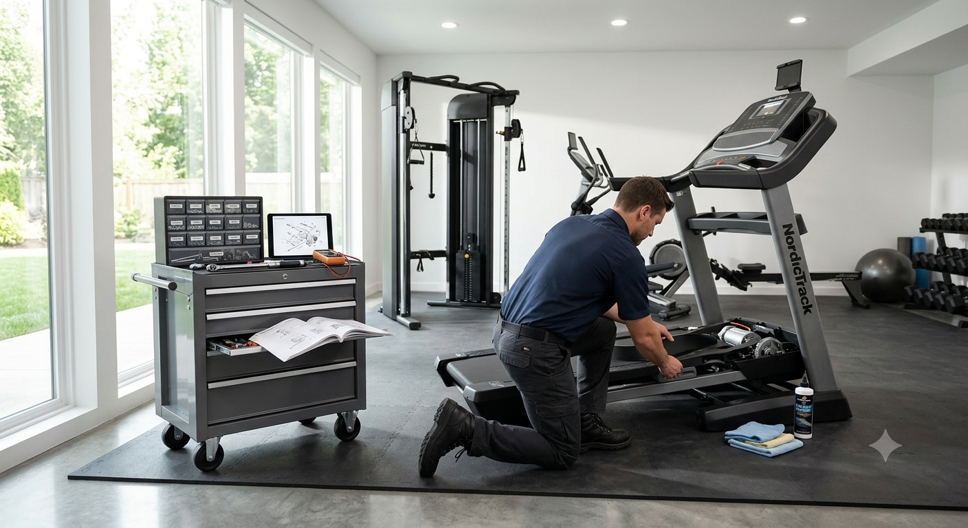 Person kneeling by a treadmill in a bright home gym, adjusting equipment near a weight machine.
