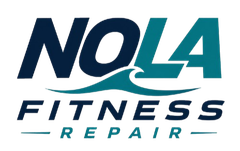 NOLA Fitness Repair logo in navy, teal, and white with stylized text and underline accents