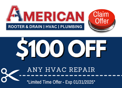 Coupon for $100 OFF any HVAC Repair. Expires Jan 31, 2025