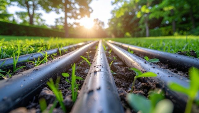 Pipes in the springtime shown in a yard. 