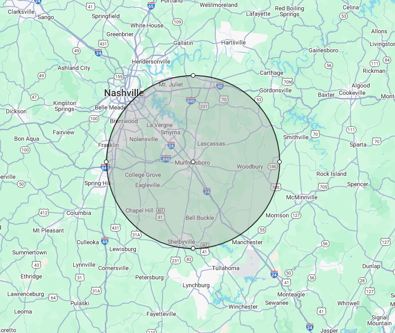 Map with a circular area around Huntsville, Alabama.
