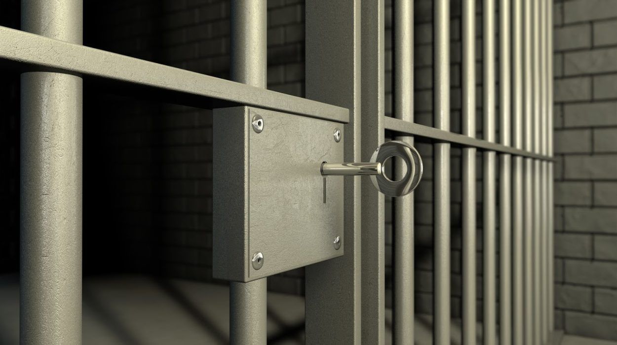 Jail cell door with key in the lock, with bars and brick walls.