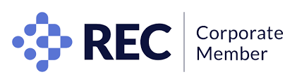 REC Corporate Member logo, featuring a blue and white geometric design and dark blue text.