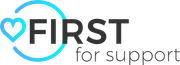 Logo for First for Support, a heart within a blue circle, with text.
