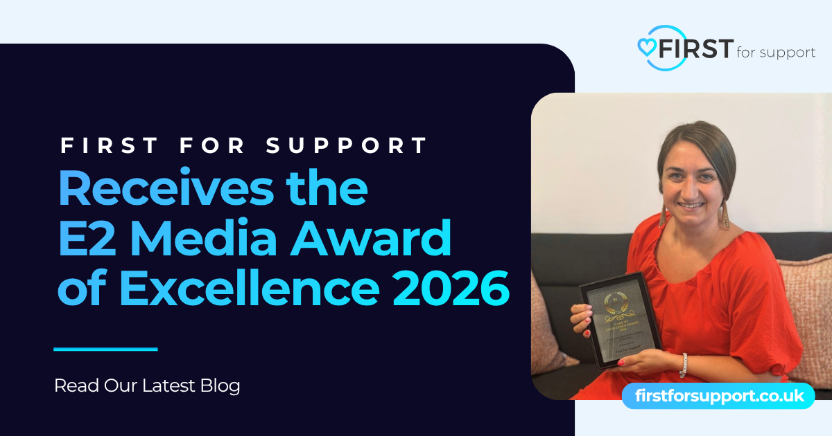 First for Support graphic announcing it receives the E2 Media Award of Excellence 2026, with a woman portrait on the right.