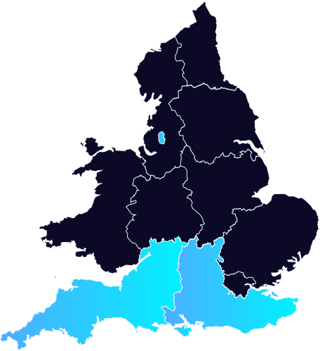 Map of England and Wales, with the southern areas highlighted in shades of blue.