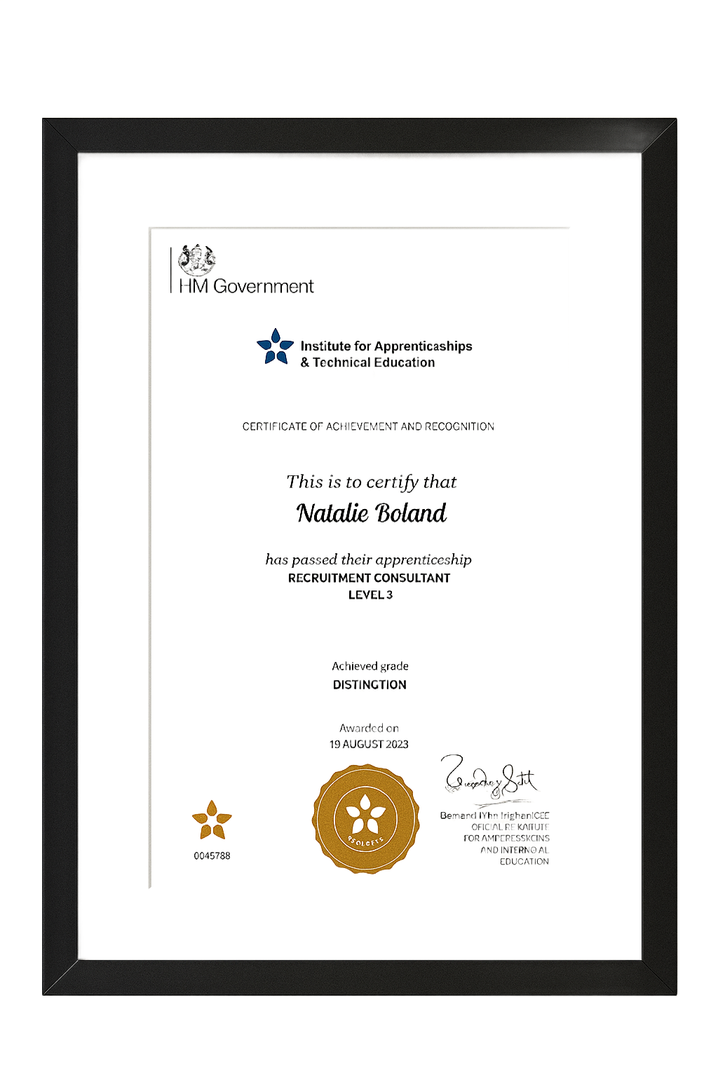 Certificate in a black frame, awarded to Natalie Solano.
