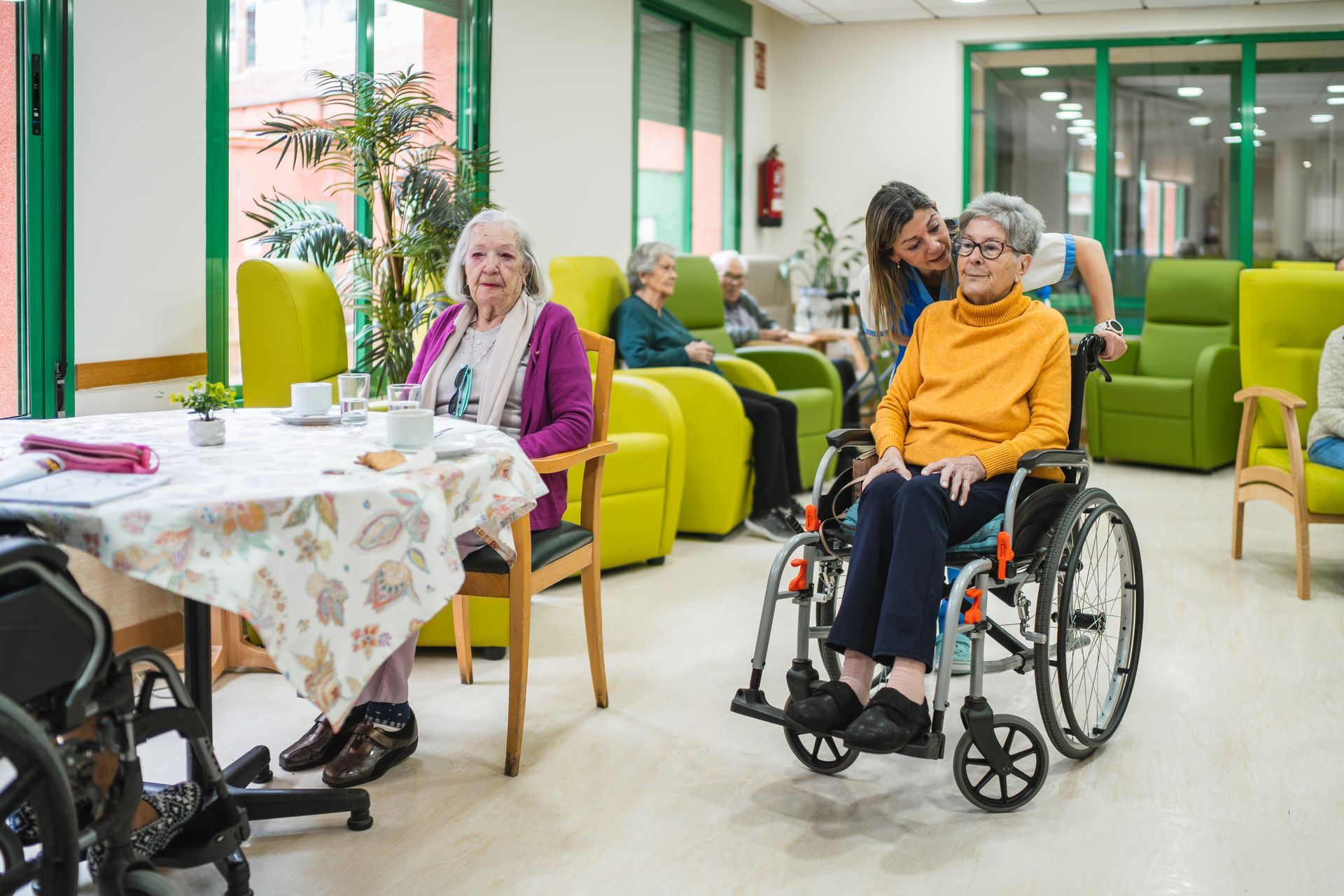 Elderly woman in wheelchair with caregiver, other residents in lounge area.