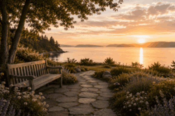Wooden bench beside a stone path overlooking Puget Sound at sunset on Bainbridge Island, WA