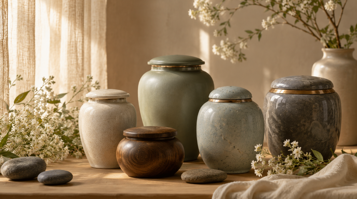 Elegant display of decorative cremation urns with floral accents, cremation services Poulsbo, WA