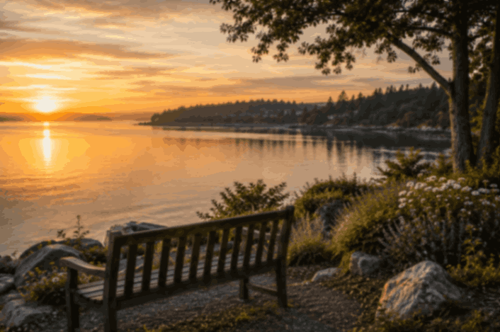 Wooden bench overlooking Liberty Bay at sunset, creating a peaceful memorial setting in Poulsbo, WA.