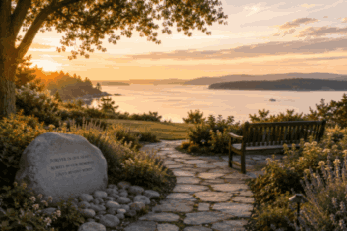 Stone garden path with memorial bench overlooking Puget Sound at sunset in Poulsbo, WA
