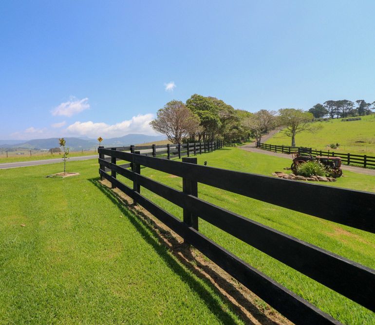 A Lush Green Field Is Bordered By A Black Wooden Fence — Lawrence Williams Fencing in Grafton, NSW