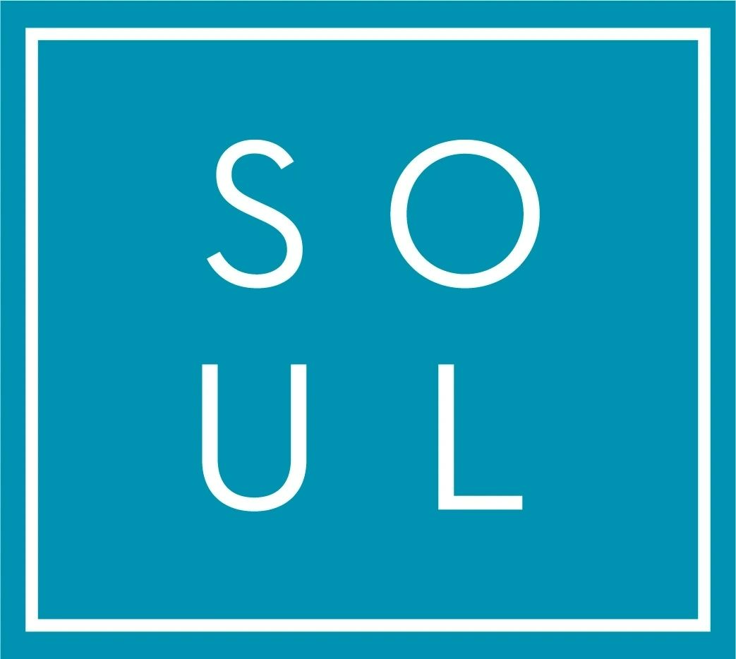 The logo for so soul is a blue square with white letters on it.