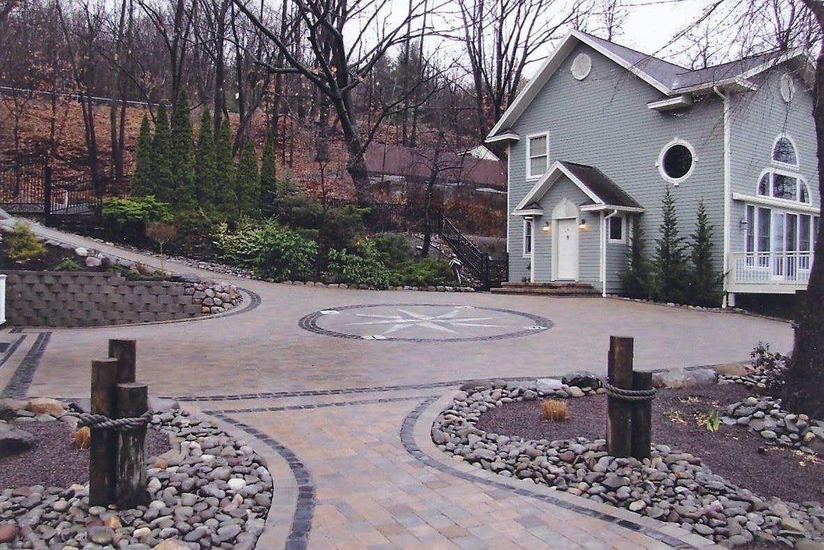 A house with a circular driveway in front of it