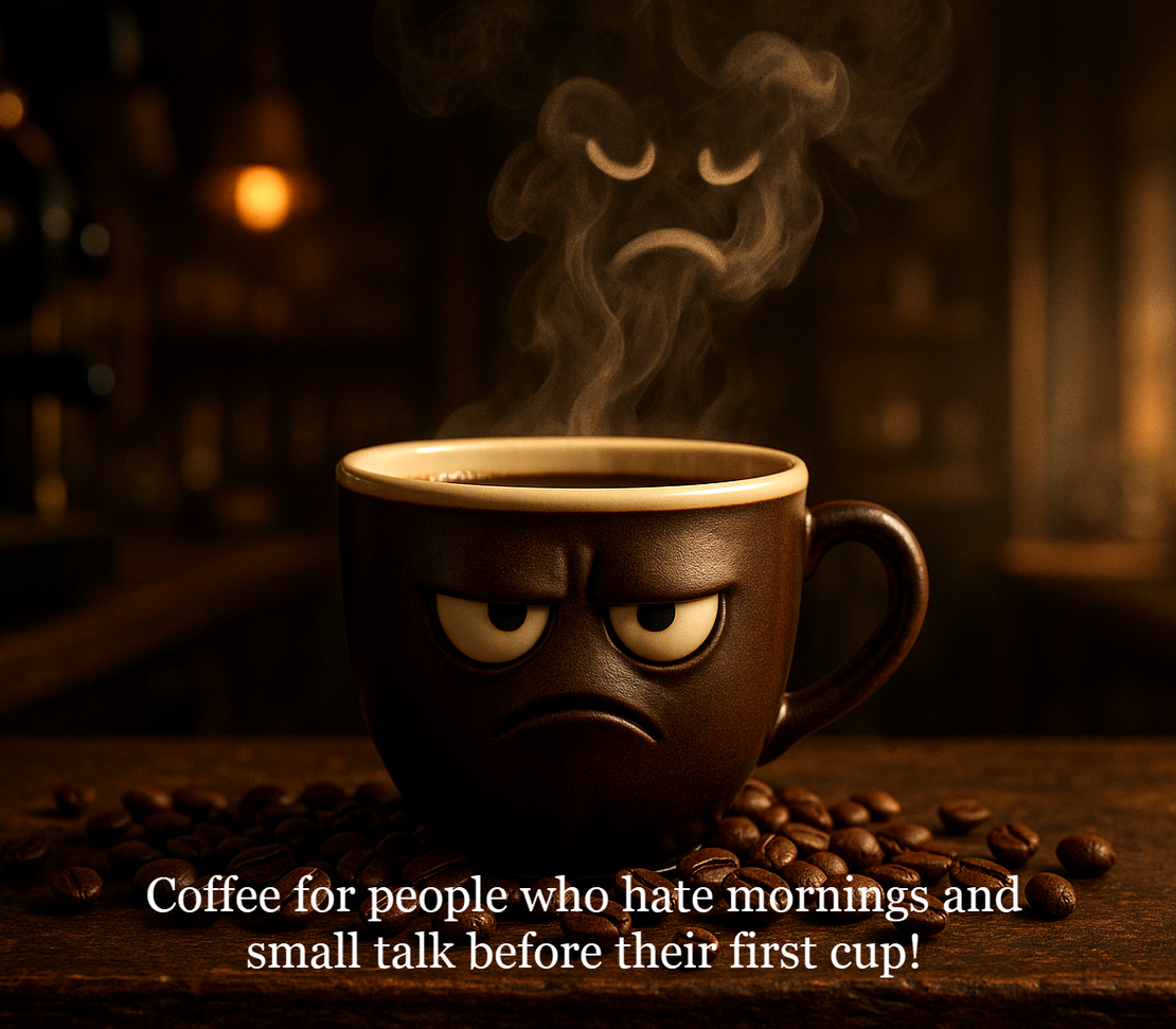 Cranky-faced coffee mug with steam forming a cranky face, on a dark wooden surface with coffee beans.