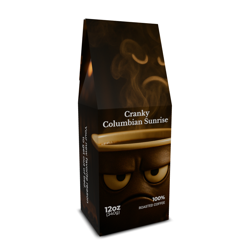 Coffee bag, "Cranky Colombian Sunrise" with a grumpy face design in shades of brown.  12oz bag.