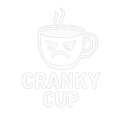 Angry coffee cup with steam above; text