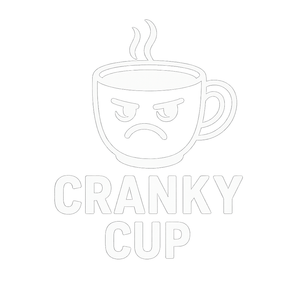 Angry coffee cup with steam above; text