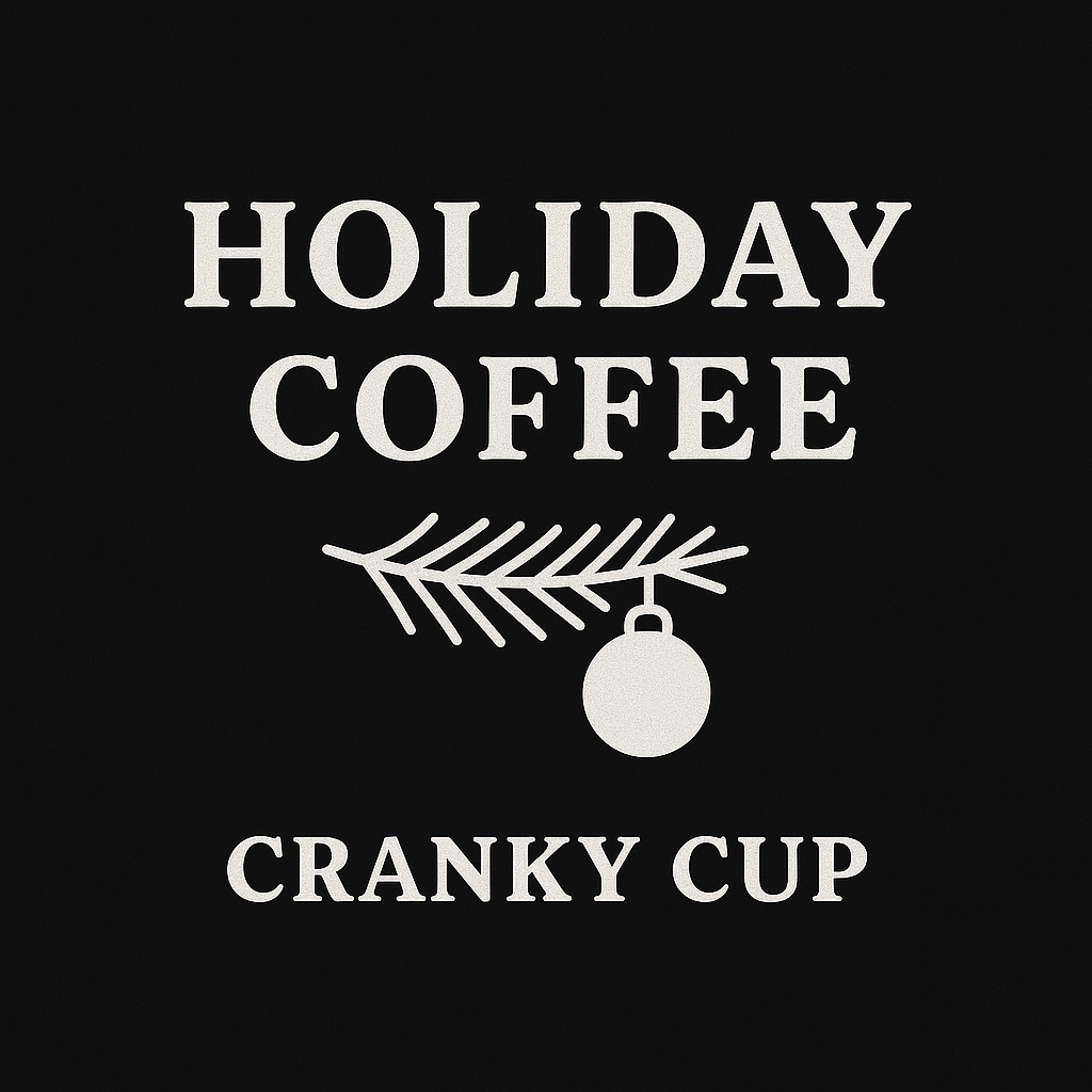 Holiday Coffee graphic on black background. Text and illustration of ornament.