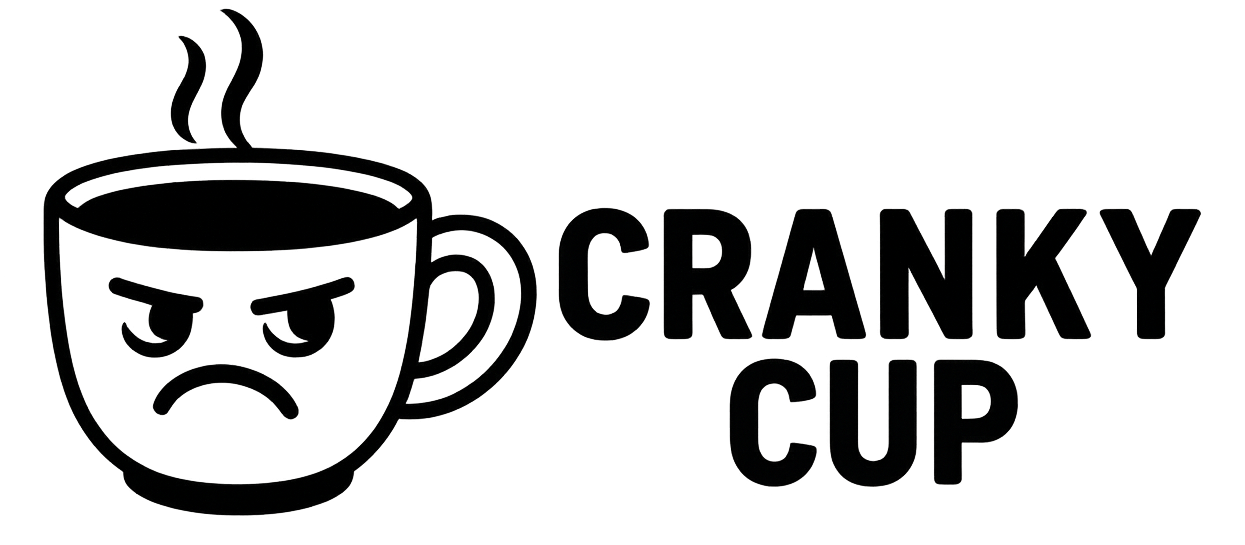 A grumpy coffee cup with steam rising next to the words