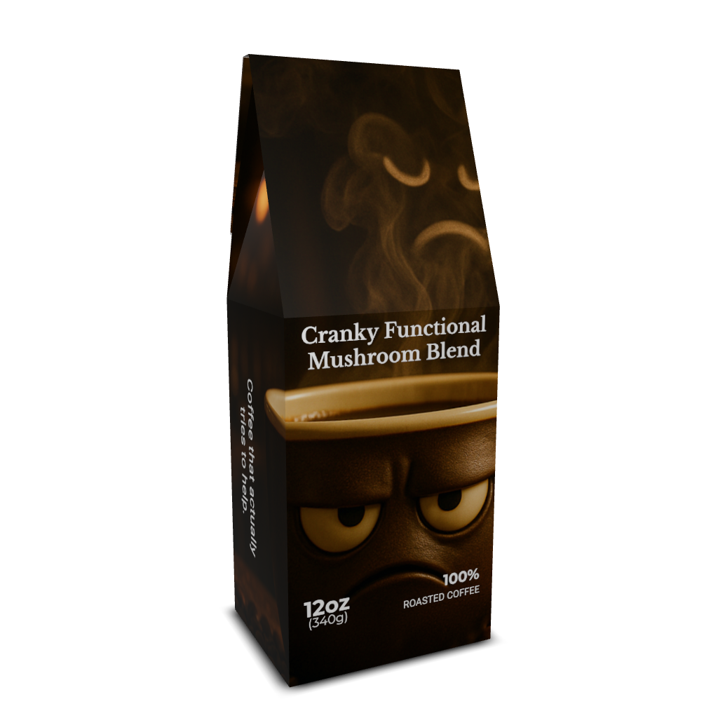 Coffee bag with a cartoon mushroom face and the words 