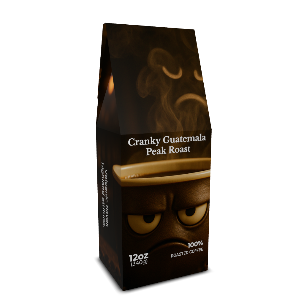 Coffee bag with a grumpy face design; says 