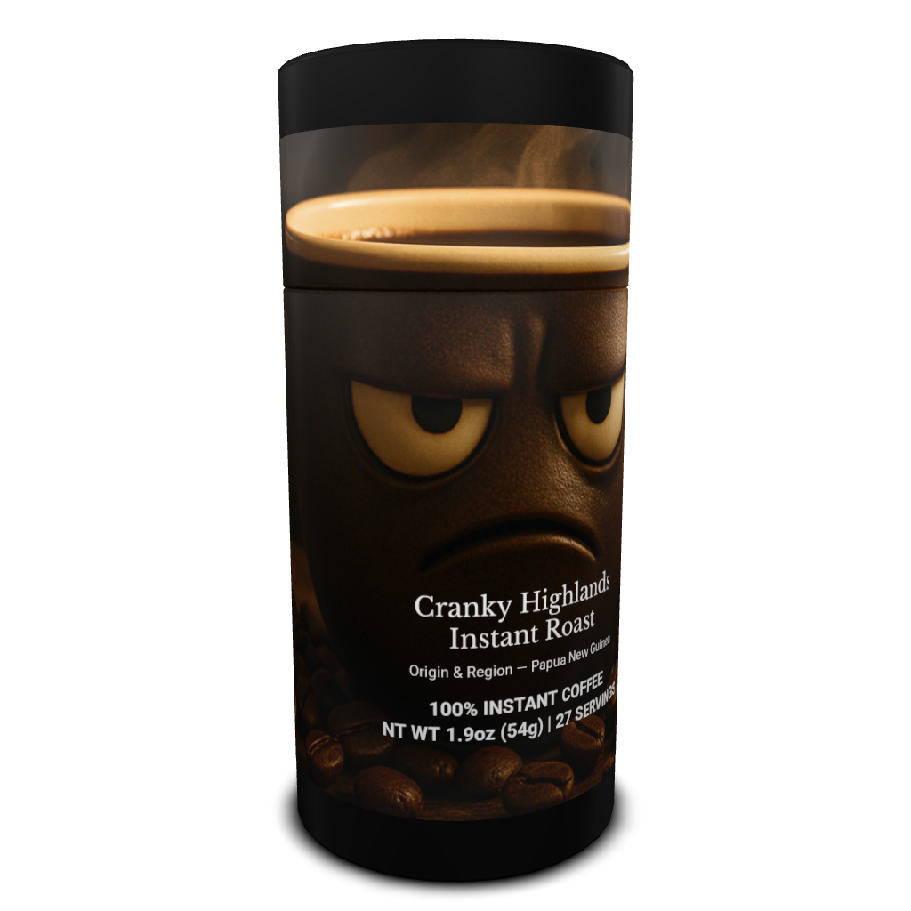 Cranky Highbrow instant coffee container with a grumpy coffee mug face. Black and brown with coffee beans.