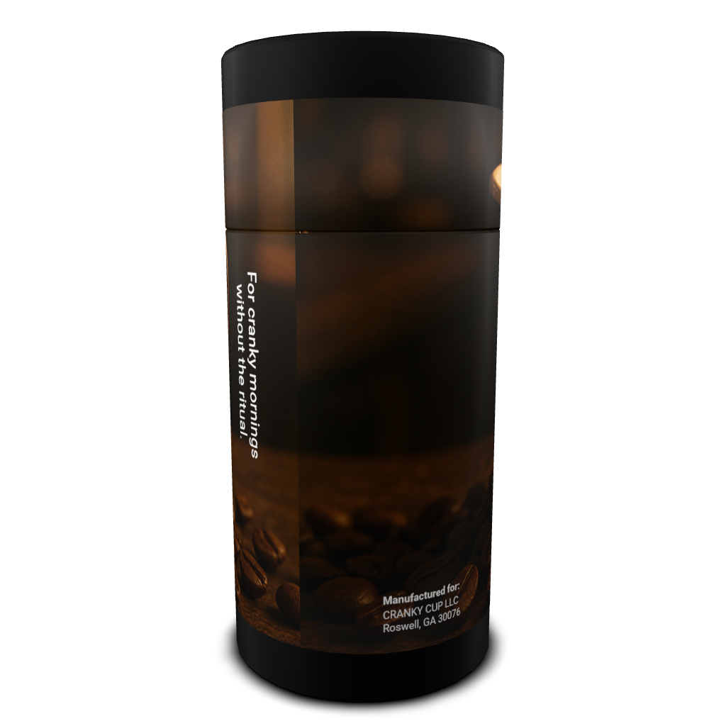 Cranky Highbrow instant coffee container with a grumpy coffee mug face. Black and brown with coffee beans.