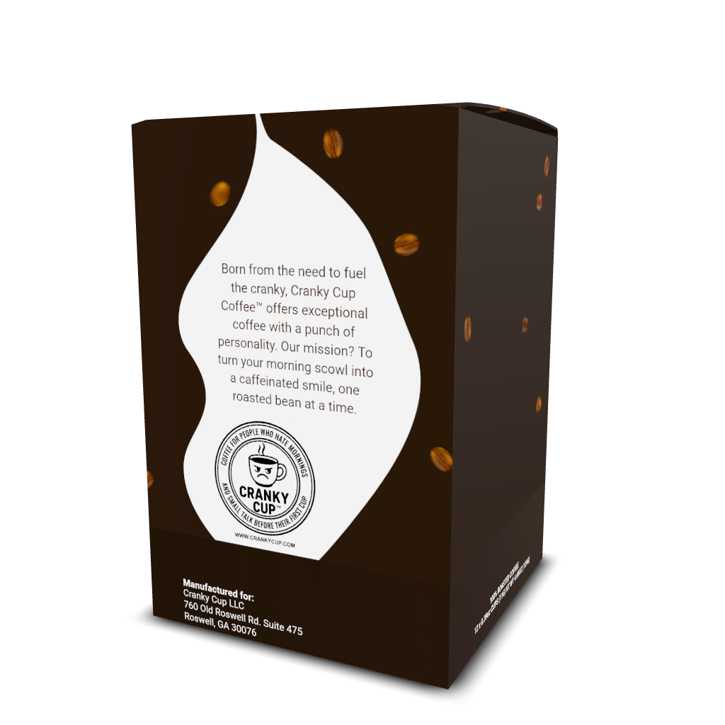 Coffee pod box with an angry coffee cup and the words 