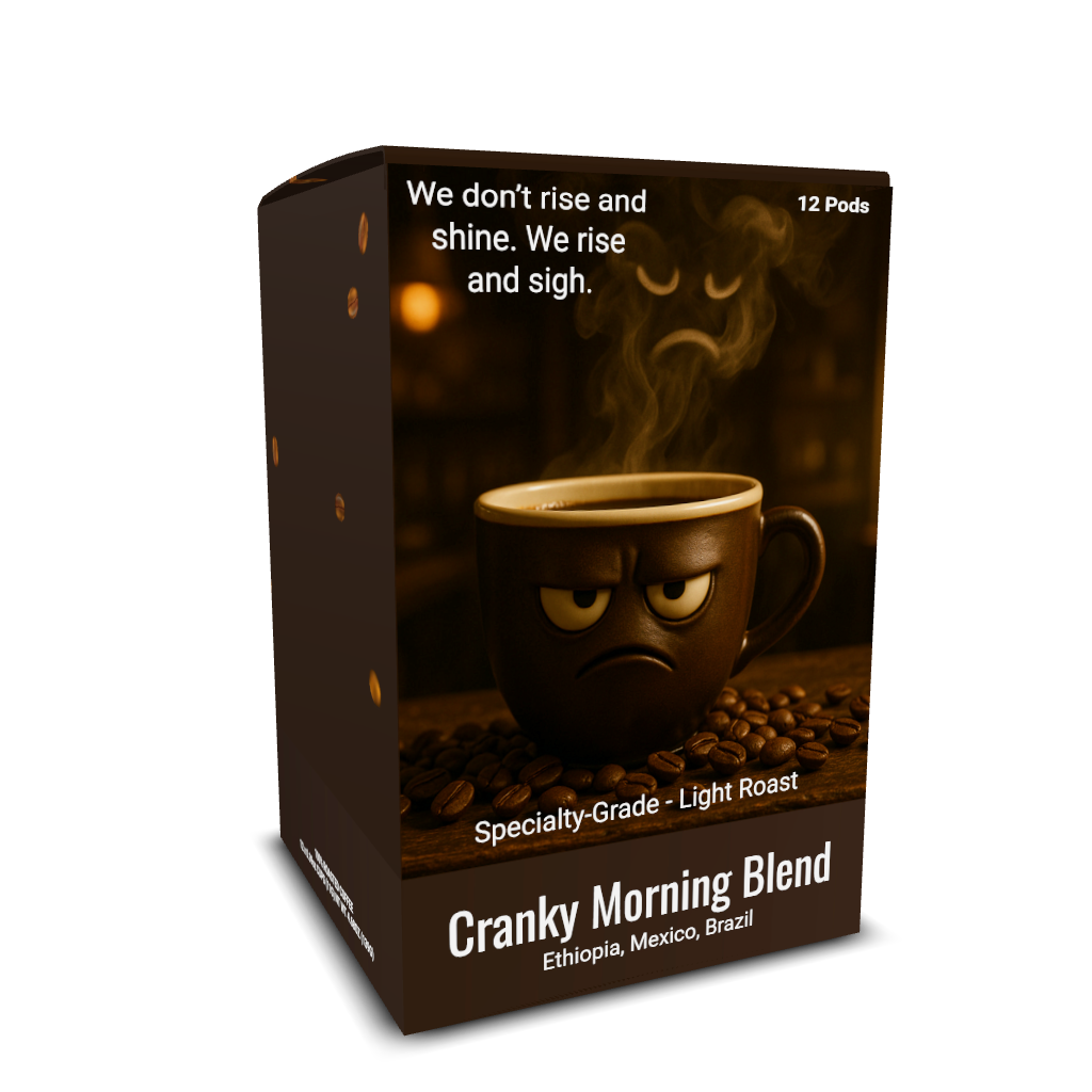 Coffee pod box with an angry coffee cup and the words 