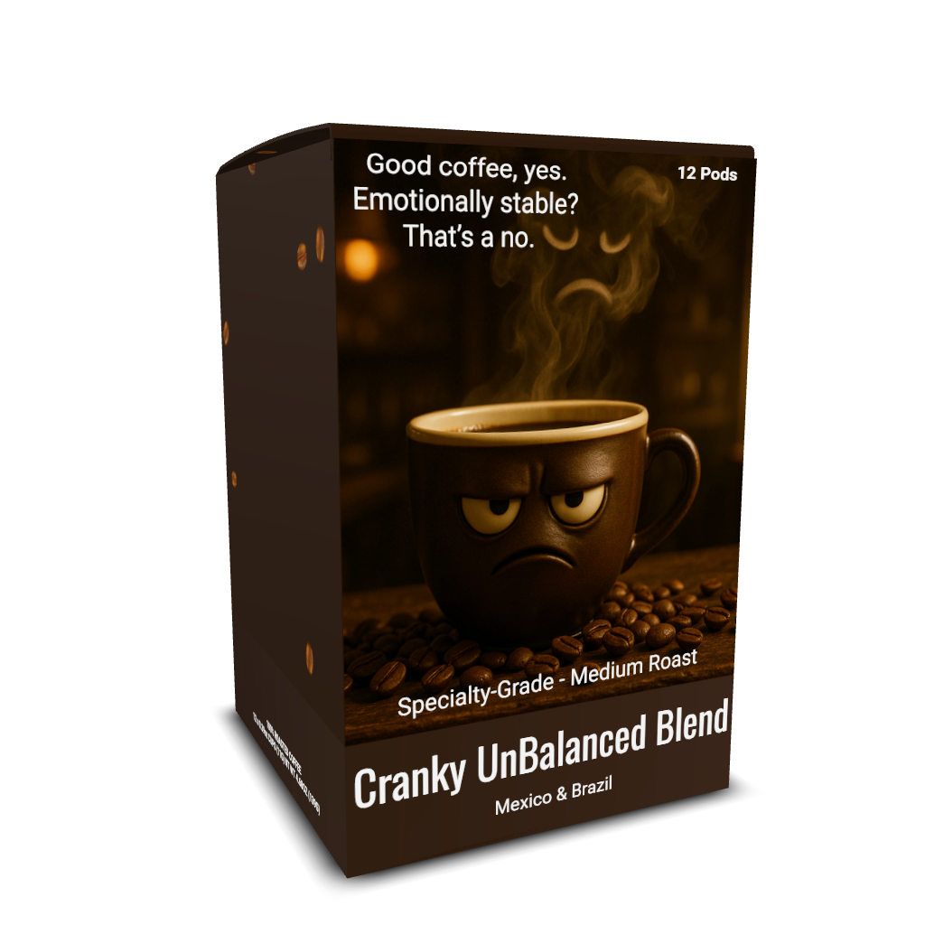 Coffee box with an angry mug illustration, 