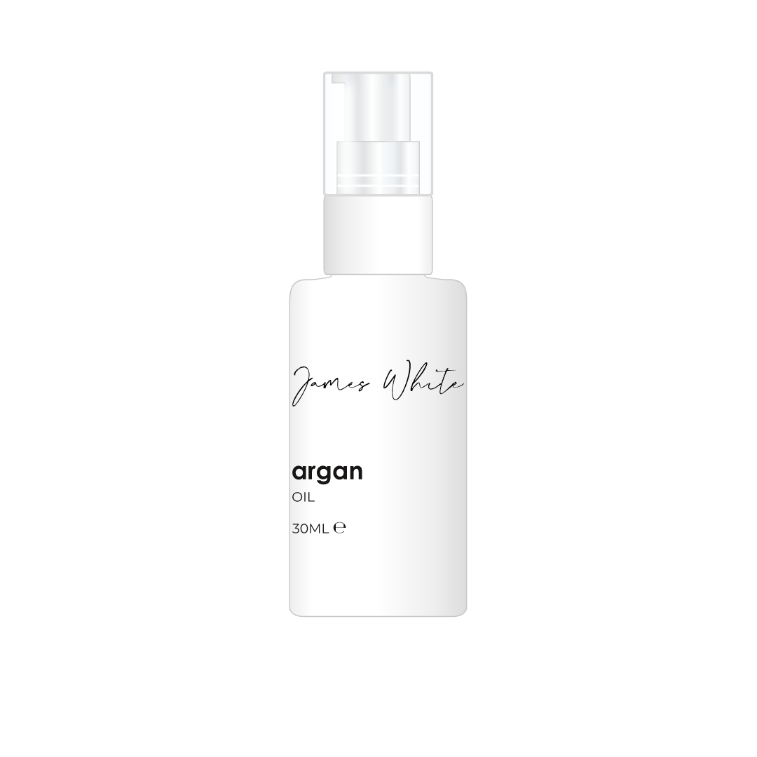 A white bottle of argan oil on a white background.