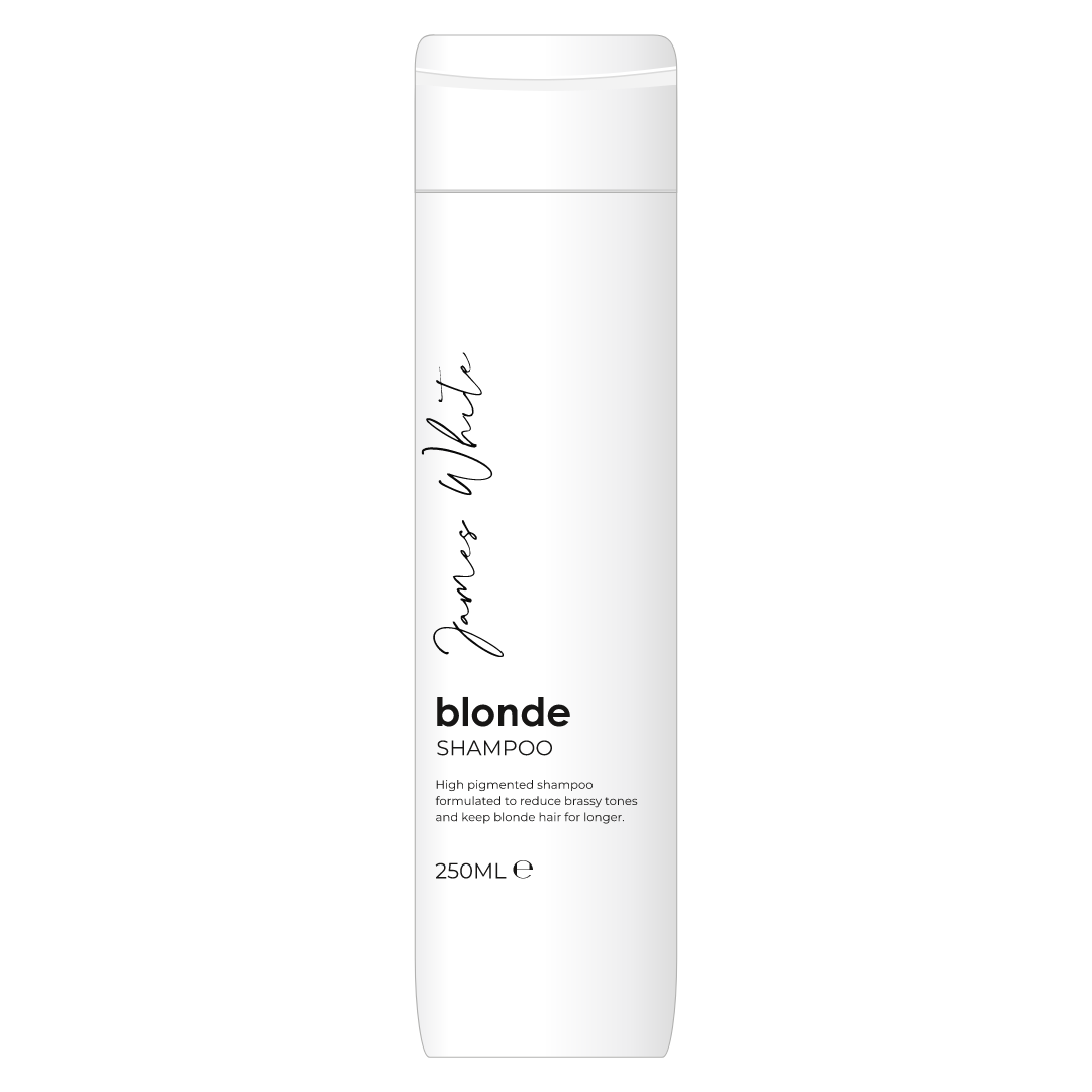 A white bottle of blonde shampoo on a white background.