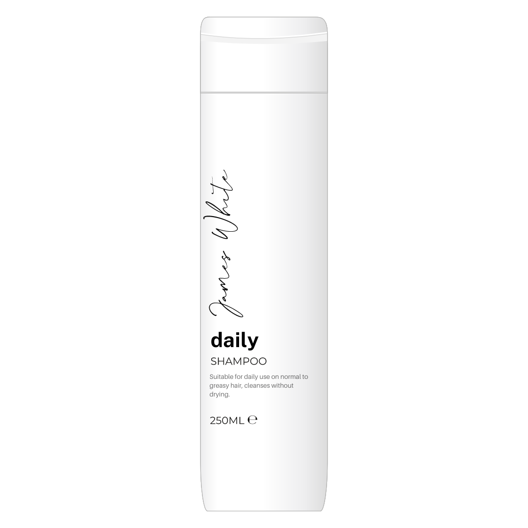 A white bottle of daily shampoo on a white background.