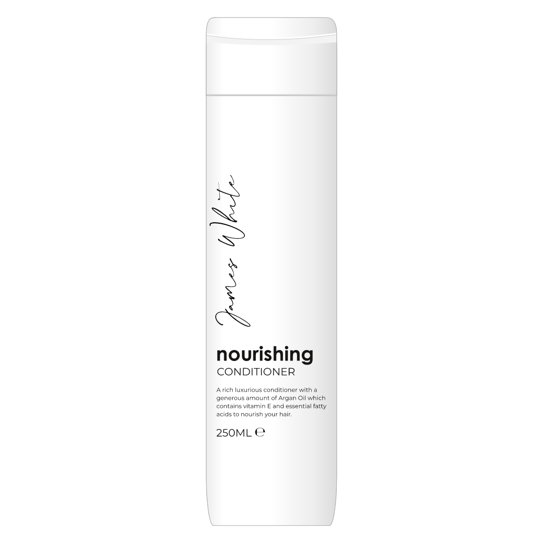 A white bottle of nourishing conditioner on a white background.