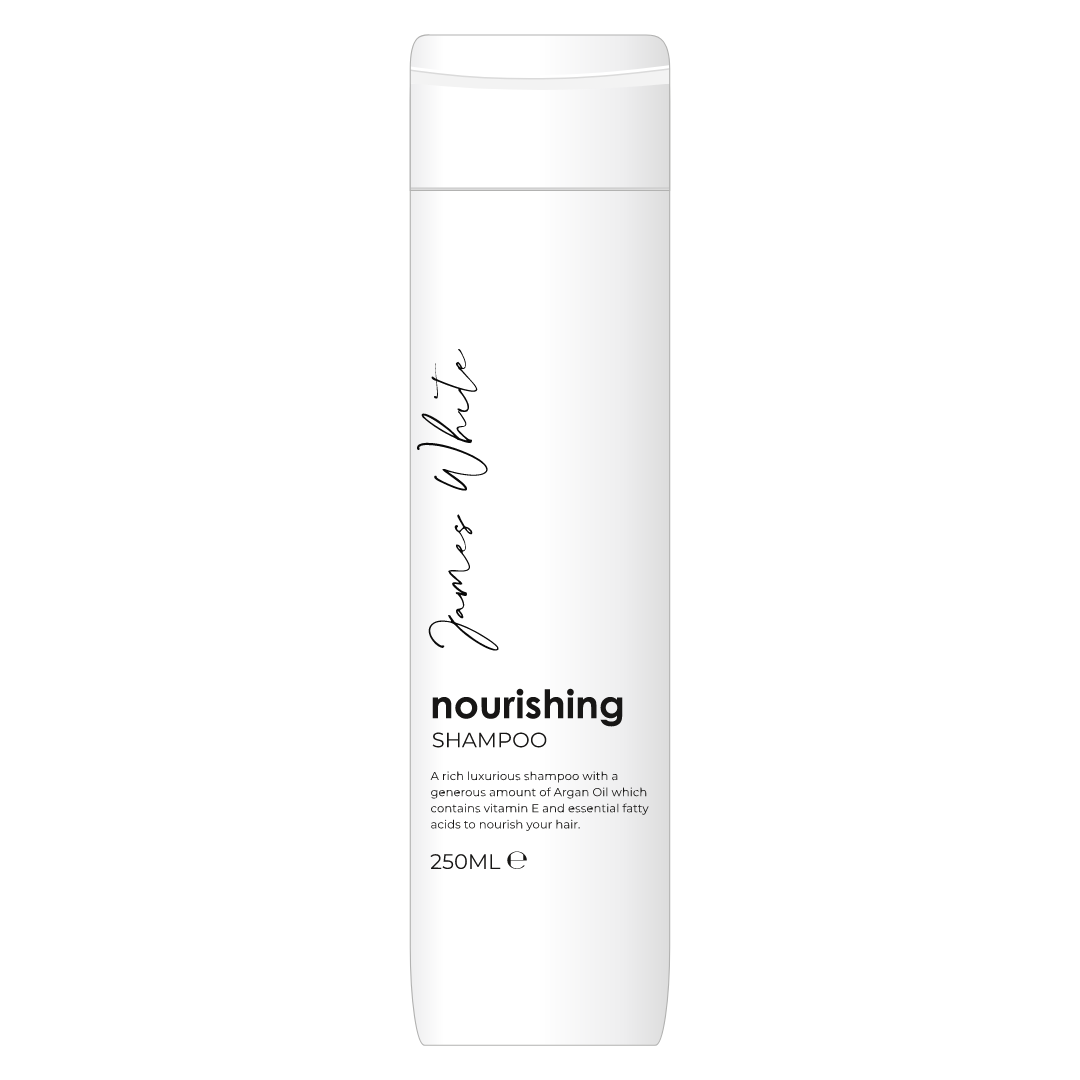 A white bottle of nourishing shampoo on a white background.