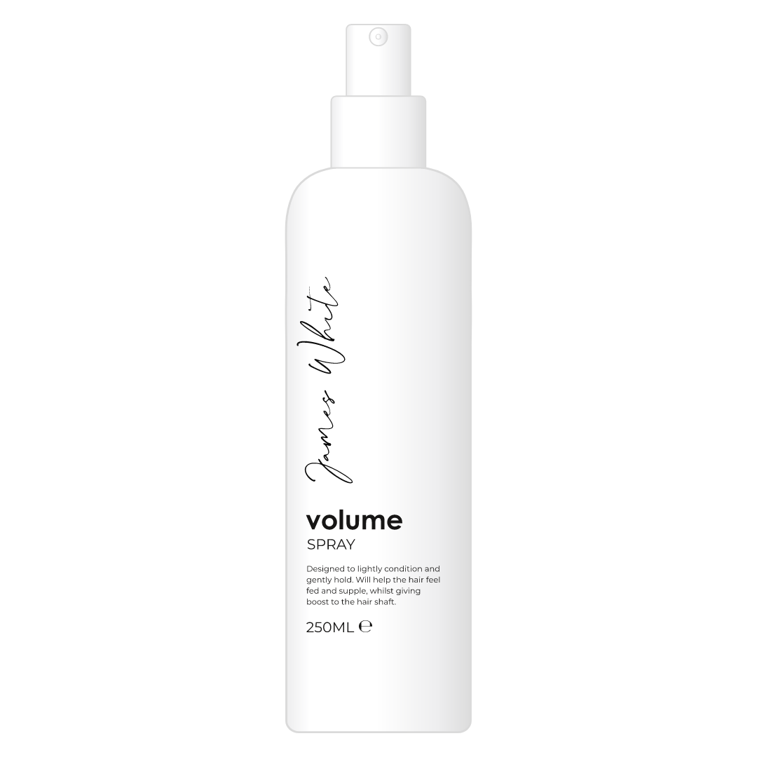 A white bottle of volume spray on a white background.
