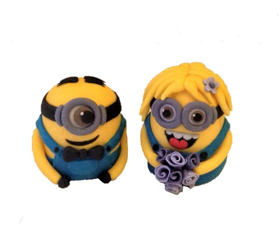 Two yellow Minion figures; one male with a bow tie and the other female holding purple flowers; both wearing blue overalls.